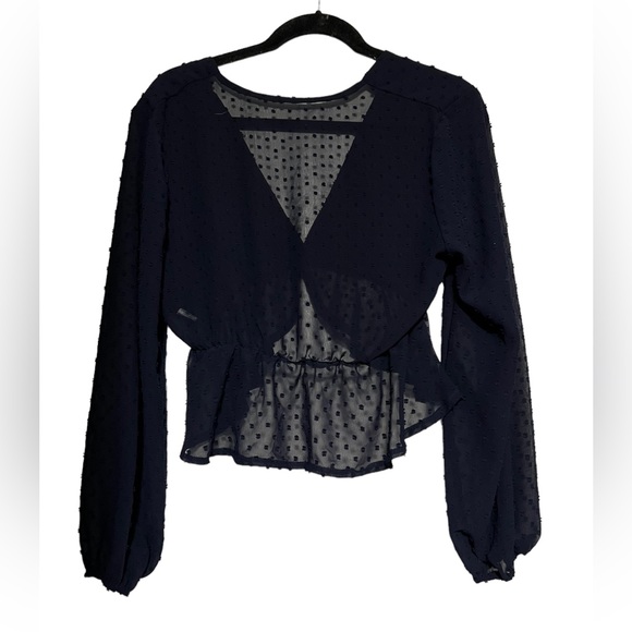 Tops - Long Sleeve Swiss Dot Navy Blue Crop Top